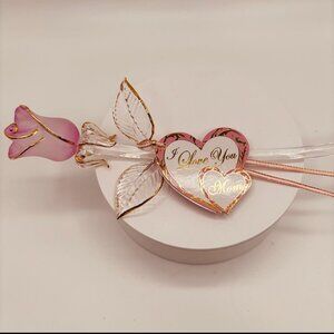 I Love You Mom Pink Pearl Rose Glass Figurine Mother Gift Decor
